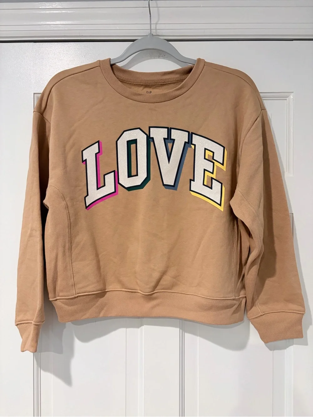 GAP Tan Crewneck Sweatshirt with Multicolor LOVE Graphic